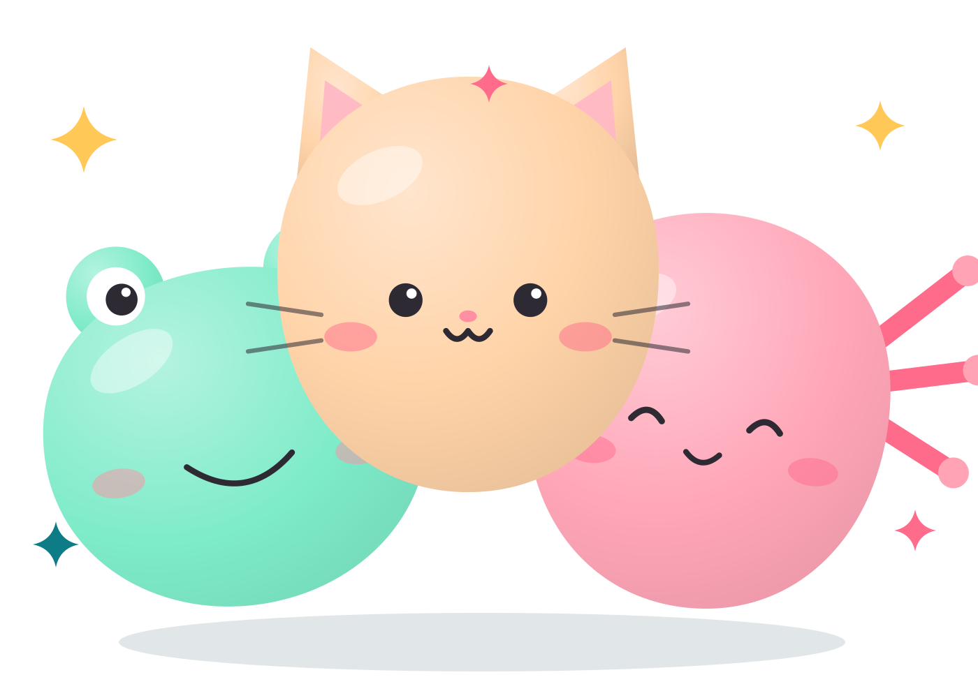 Three jumbo squishies: a frog, a cat and an axolotl
