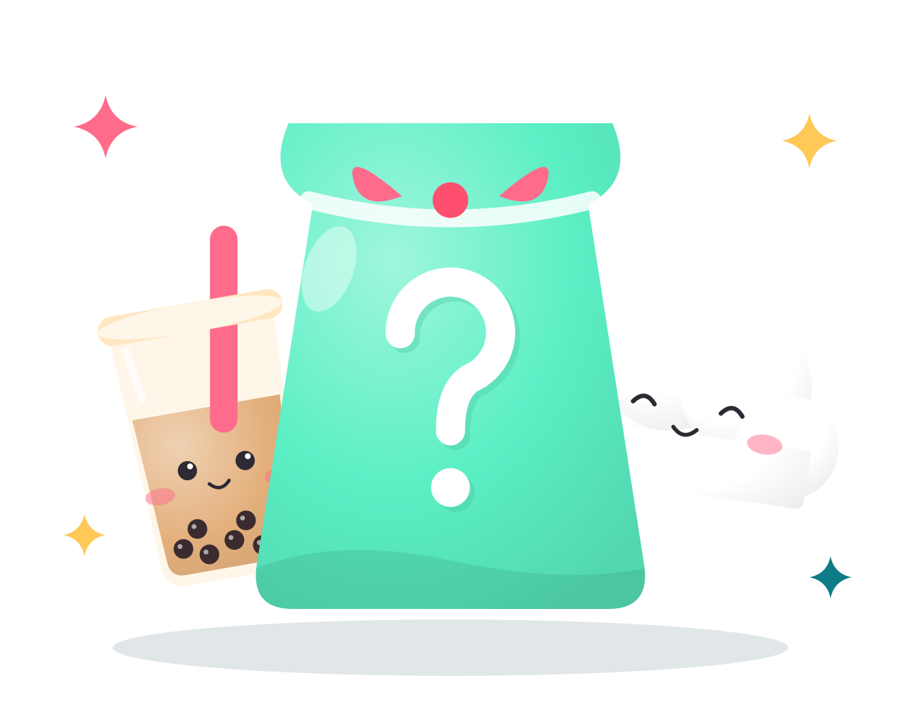 A mint mystery pack bag with a boba and cloud squishy peeking out